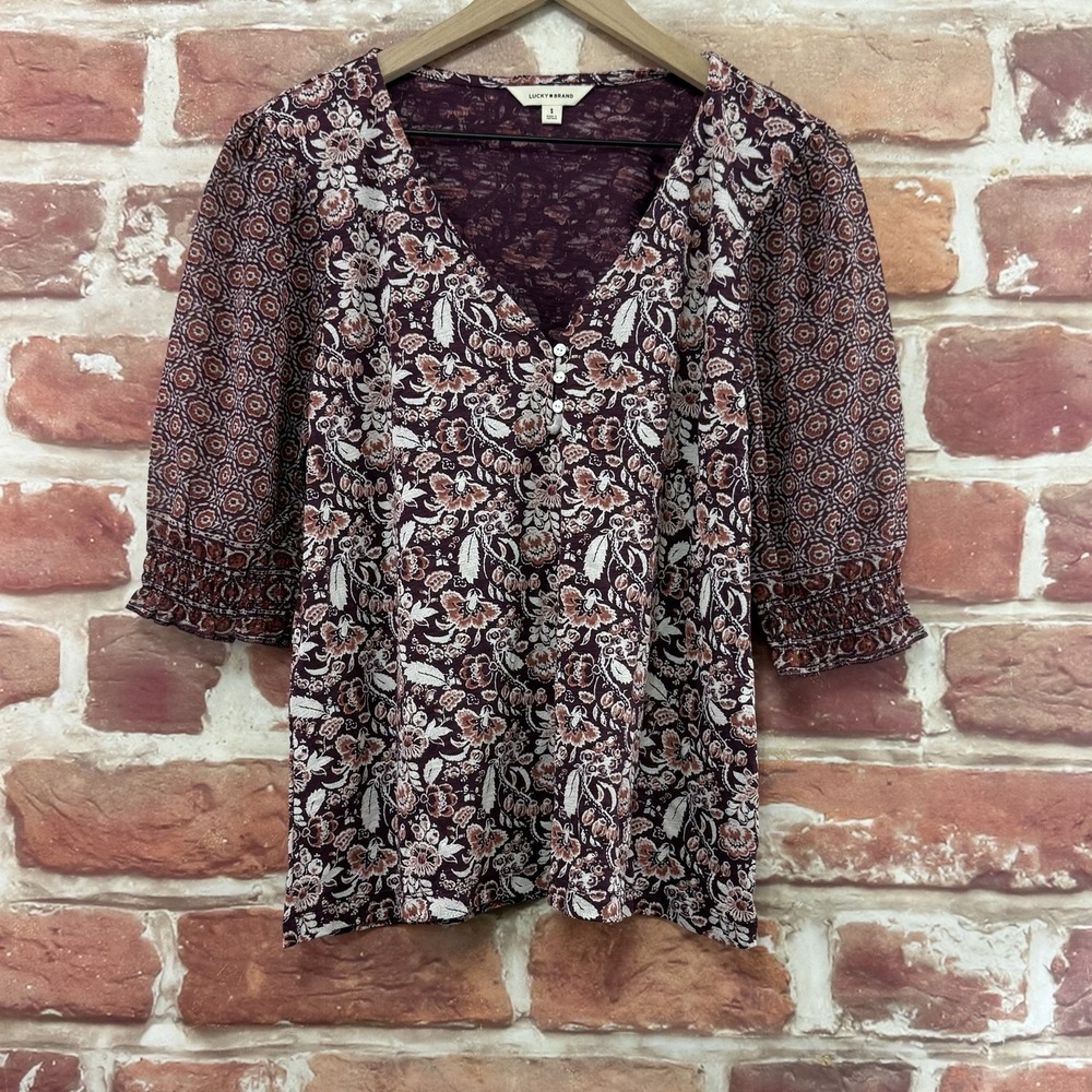 Lucky Brand Top Women's Small Dark Purple Boho Floral Sheer Sleeve Casual Shirt